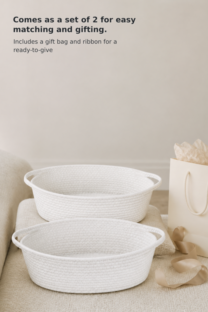 2-Pack White Woven Rope Baskets with Handles
