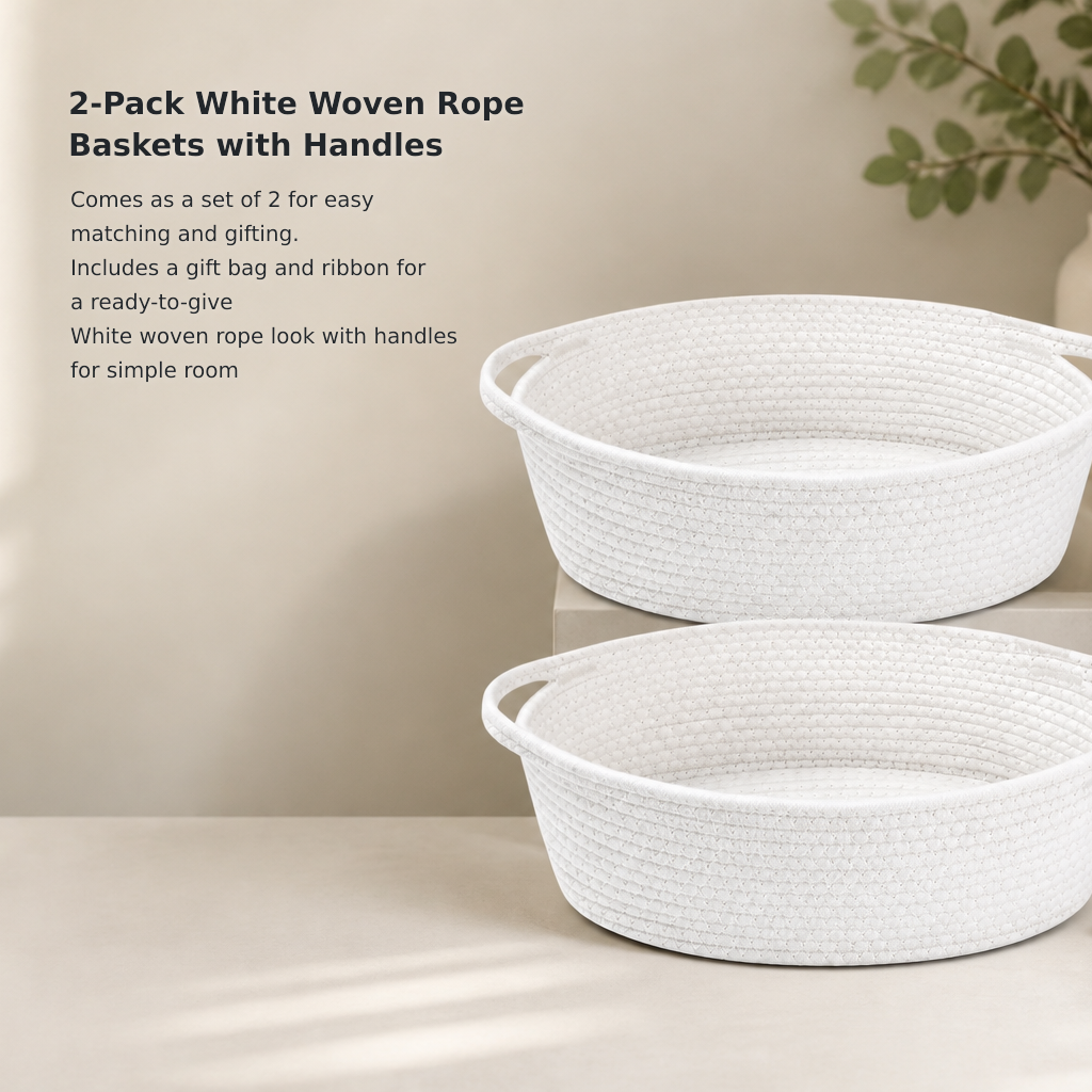 2-Pack White Woven Rope Baskets with Handles