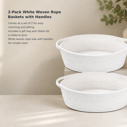 2-Pack White Woven Rope Baskets with Handles